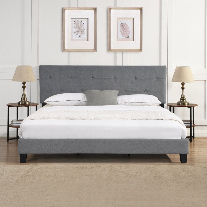 Très grande base de lit tapissier avec tête de lit en tissu capitonné, pas de sommier tapissier, support à lattes de bois, assemblage facile, gris