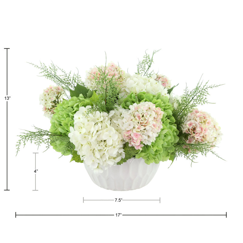 Hydrangeas, Sedum and Ranunculus Arranged in a Ceramic Vase