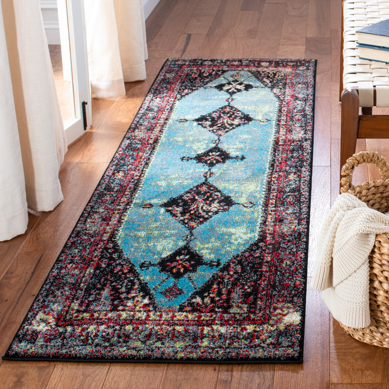 Tapis rouge / bleu clair Carrieanne, Tapis de couloir 2 pi 3 po x 8 pi