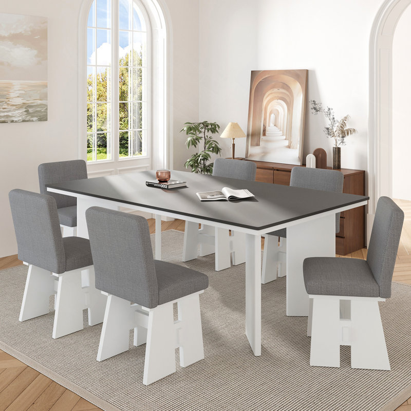 Modern 7-Piece Dining Table Set with 6 Upholstered Dining Chairs, Dark Gray+White, White, Dark Gray, Dark Gray/White