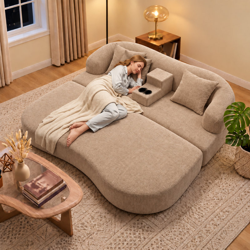 Canapé-lit convertible avec console porte-gobelets, causeuse deux places en chenille sans dossier pour salon, Beige