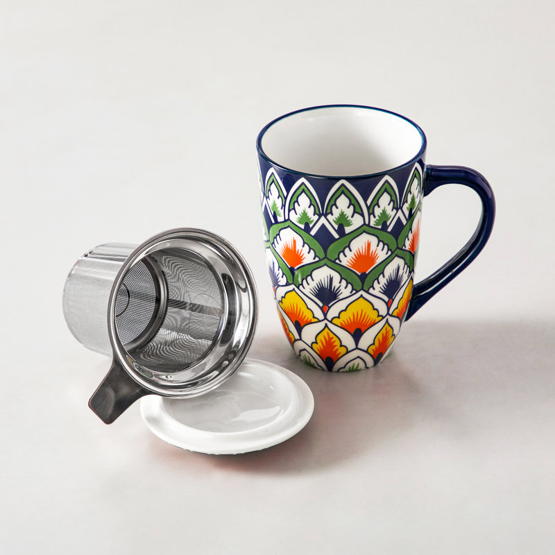 480ml porcelain mug, Dark Green Bohemian-style design, Stainless steel tea infuser