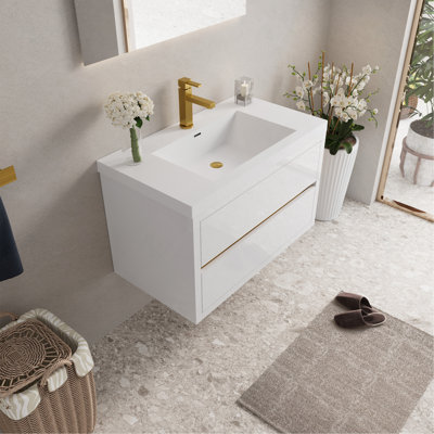 Meuble-lavabo mural 36 po avec lavabo, meuble de rangement flottant pour salle de bain avec comptoir en résine de pierre et tiroirs à fermeture en douceur entièrement assemblé