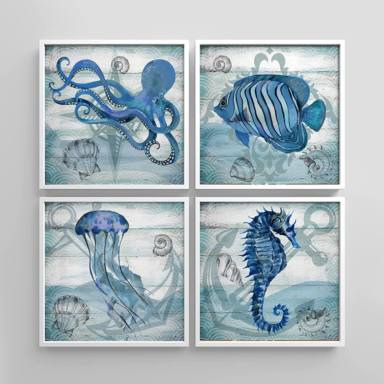 Octopus/Clownfish/Jellyfish/Sea Horse Nautical Blue Rustic Wall Art Plastic Frame 4 Piece Print SIGNLEADER Frame Color: White