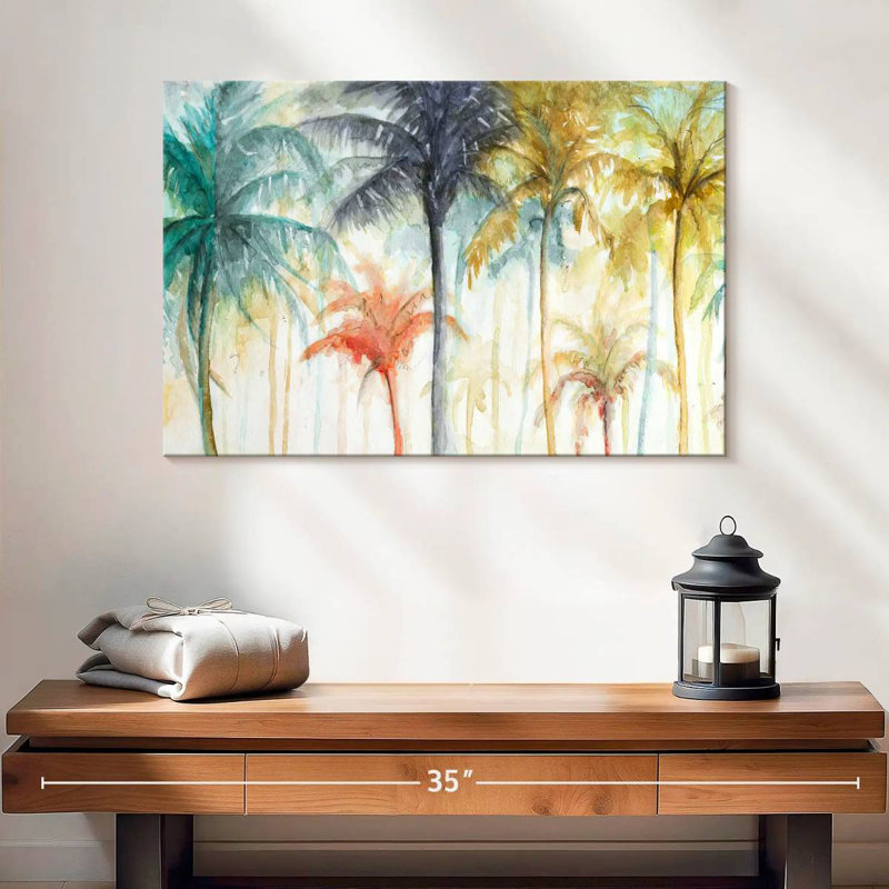 Aquarelle Harnek, palmiers d'été, H 16 po x l 24 po