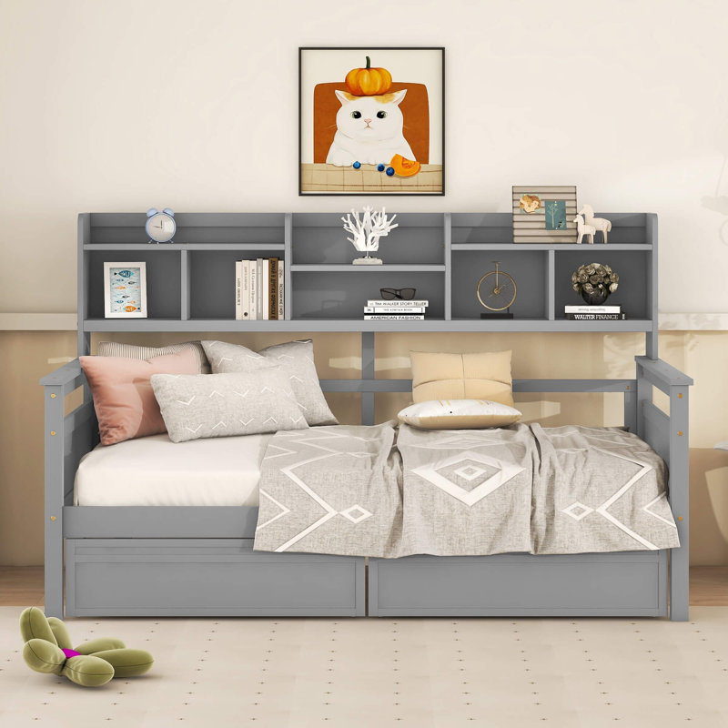 Lit de jour simple avec support en lattes de bois, tablettes de chevet et deux tiroirs, Gris, Lit simple