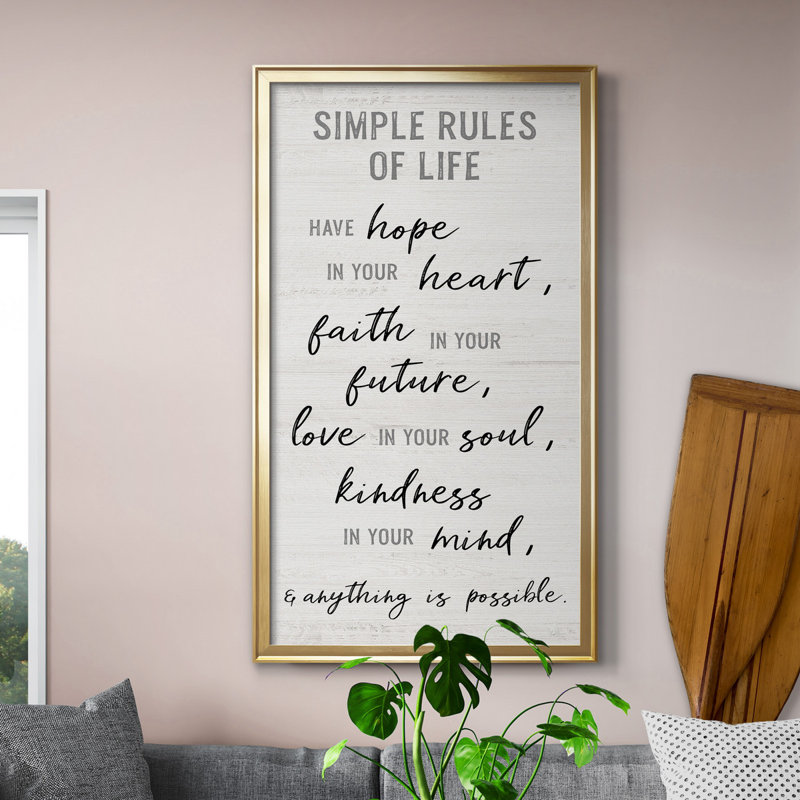 Simple Rules of Life - Art textuel sur toile encadré, H 22,5 po x l 42,5 po x P 1,5 po, Cadre doré