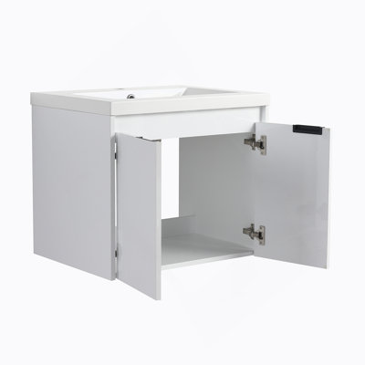 Meuble-lavabo 36 po avec lavabo en résine, 2 portes à fermeture douce et 1 armoire latérale, conception à fixation flottante, blanc brillant, contreplaqué