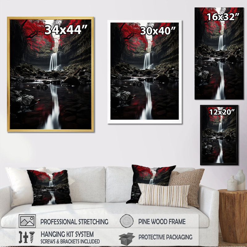 Grey And Red Waterfall Of Eternity II - Landscapes Canvas Wall Art, Wrapped Canvas, 32" H x 16" W x 1" D