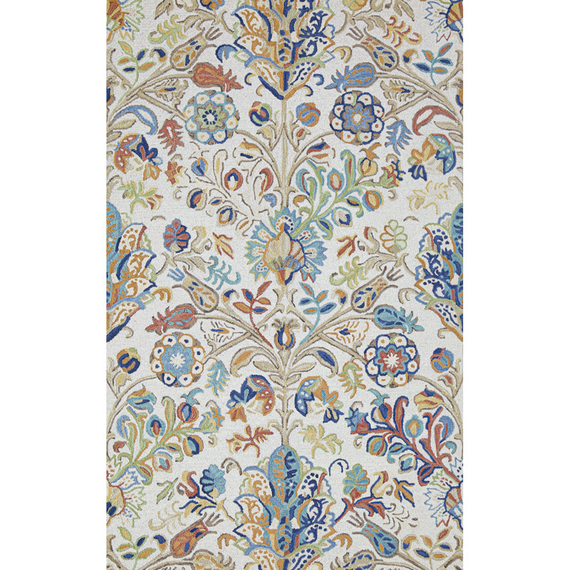 Tapis bleu / beige / vert en laine touffeté à la main Florals Acacia, Rectangle de 5 pi x 8 pi