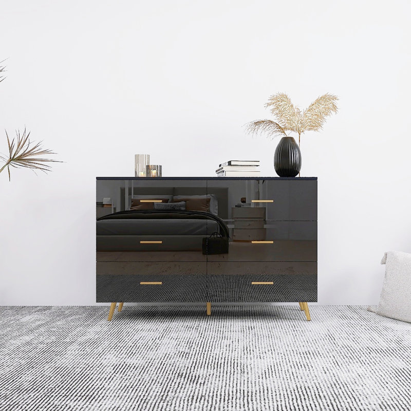 High Glossy Surface 6 Drawers Chest Of Drawer With Golden Handle And Golden Steel Legs White Color Vanity, Noir