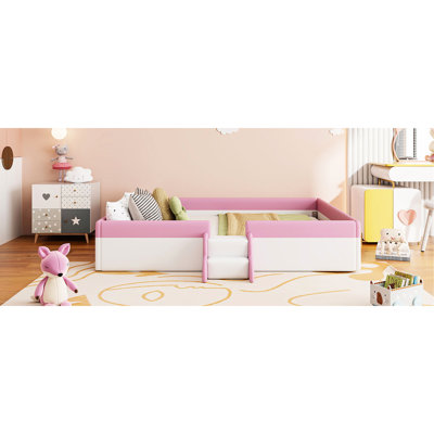Très grand lit tapissier avec clôture et escalier à deux niveaux, ajout de chambre à coucher confortable et artistique, matériaux, clôture avec cadre de lit de repos sécuritaire, combinaison blanc-rose, structure à lattes, facile à