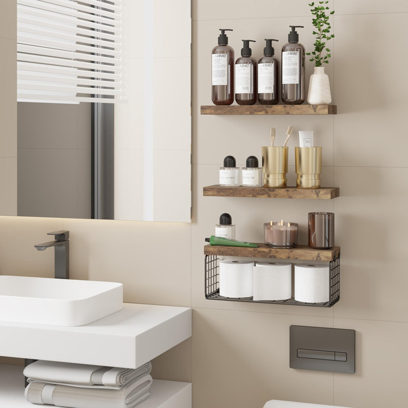 Tablette murale de salle de bain flottante, 3 + 1 tablette murale 15,7 po, Brun rustique