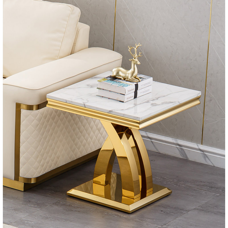 22.8" Square Marble End Table, Modern White Sofa Side Table with Mirrored Stainless Steel Base, Luxury Faux Marble Accent End Table Bedside Table Nightstand for Living Room Bedroom Office