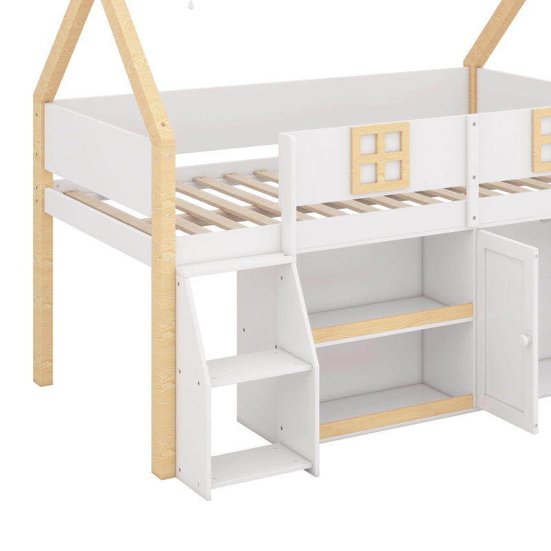 Lit mezzanine bas avec lumières DEL, lit mezzanine en bois avec escalier et barrière de sécurité, Lit double