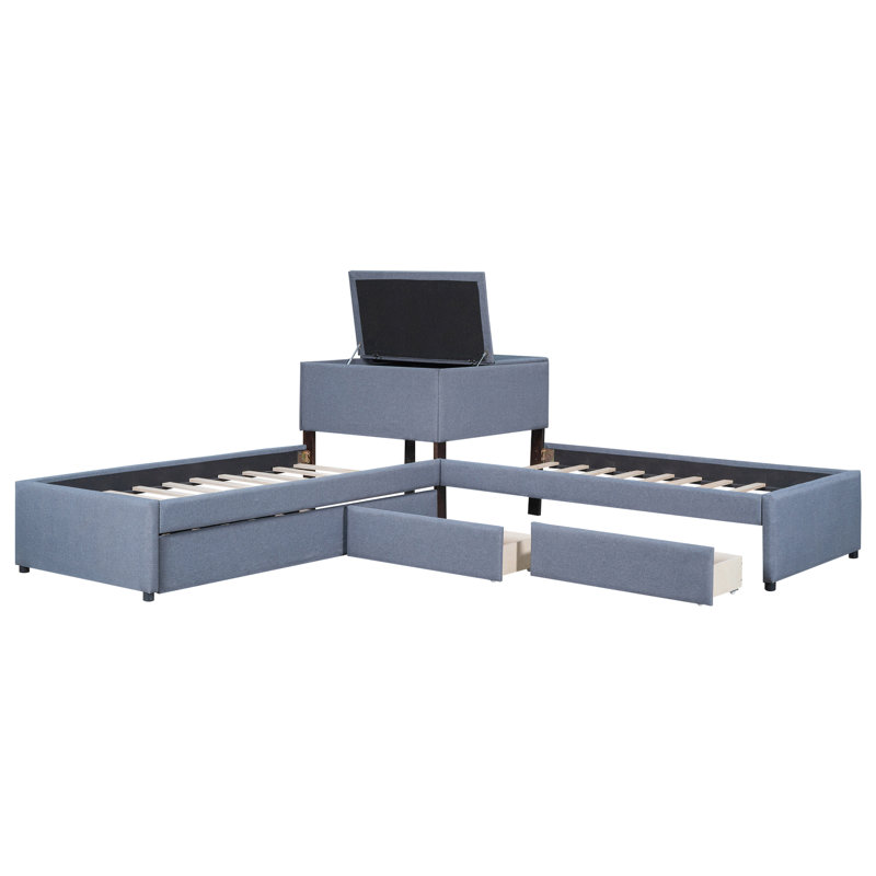 Lit plateforme en L avec lit gigogne et tiroirs - revêtement gris, taille simple pour armoire de chambre compacte