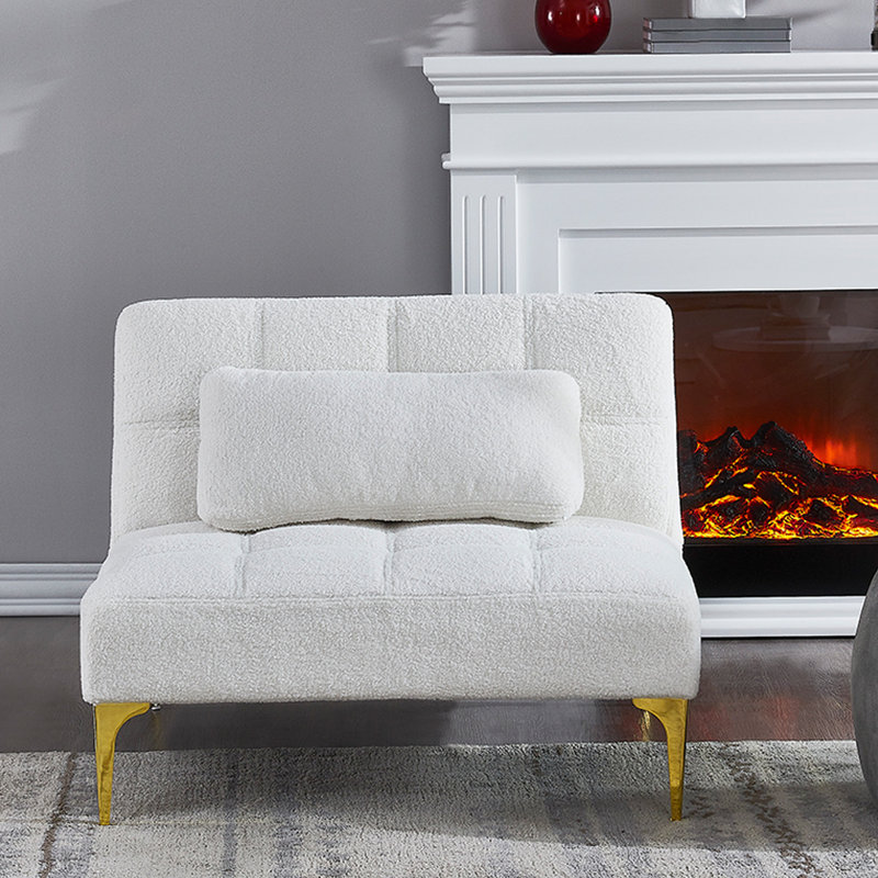 Canapé-lit convertible futon avec pattes en métal doré, tissu Teddy, blanc
