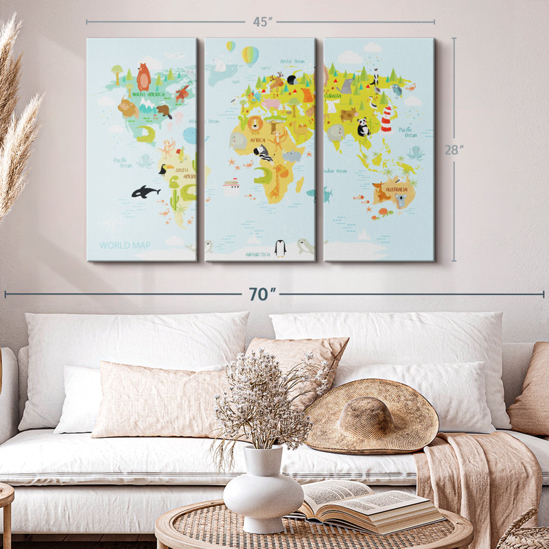 "Carte du monde des animaux" sur toile, H 28 po x l 45 po x P 1,25 po