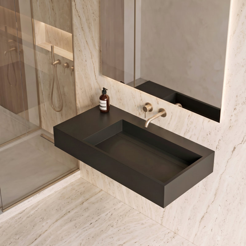 Lavabo de salle de bain mural rectangulaire 36 po avec drain dissimulé Juniper - noir, sans trou de robinet, Noir, Aucun trou