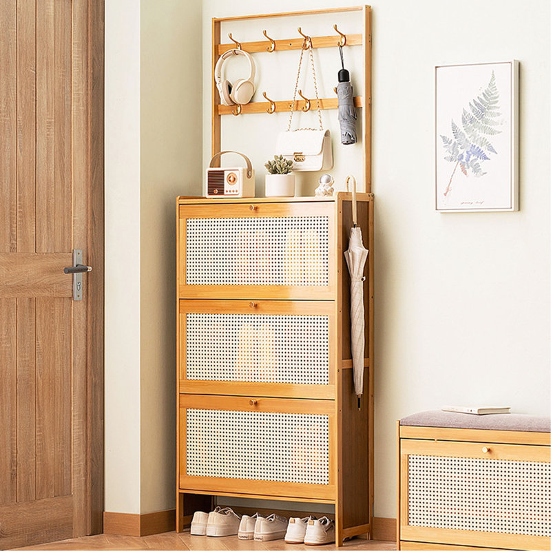 Shoe Cabinet with 3 Rattan Flip Drawers, Bamboo Shoe Storage Cabinet with Coat Hooks, Freestanding Shoe Cabinet Storage for Entryway, Hallway, Closet, Living Room