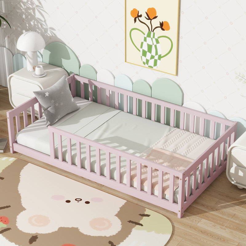 Twin Floor Bed With Fence & Solid Wood, Pink