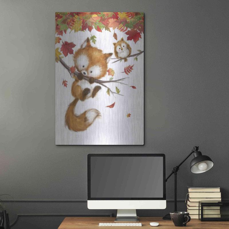 «Fox and Owl» par Makiko, art mural en métal, 12 po x 16 po, H 36 po x l 24 po