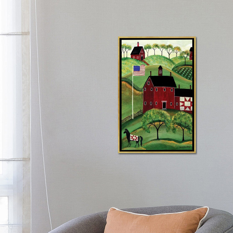 Reproduction d’art graphique imprimée « American Red quilt House » par Cheryl Bartolo, H 26 po x l 18 po x P 1,5 po