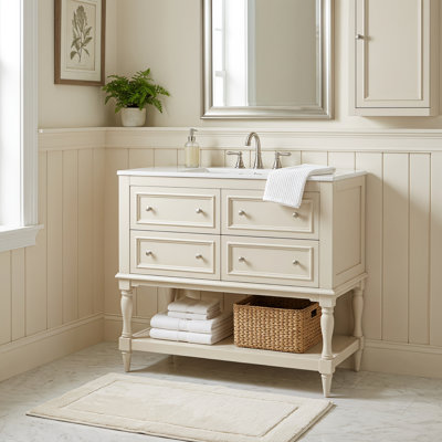 Ensemble de meuble-lavabo 36 po avec lavabo, lavabo en céramique encastré, ensemble de meuble-lavabo autoportant avec 4 tiroirs, armoire de salle de bain avec cadre en bois massif, beige