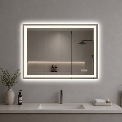 Miroir de salle de bain DEL, miroir de courtoisie lumineux à intensité variable avec bande lumineuse dépolie, 3 températures de couleur, antibuée, fonction mémoire et arrêt automatique après 2 heures.