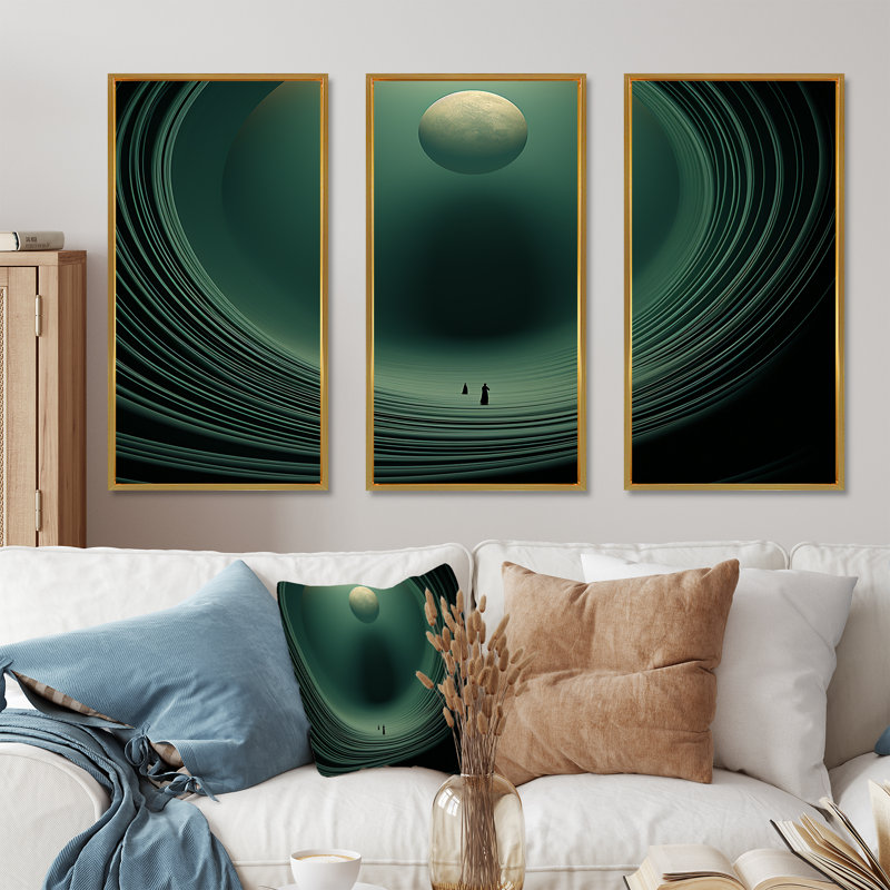 Emerald Enceladus Outer Space I - Our Solar System, impression d'art mural, Cadre flottant doré, H 28 po x l 36 po x P 1 po
