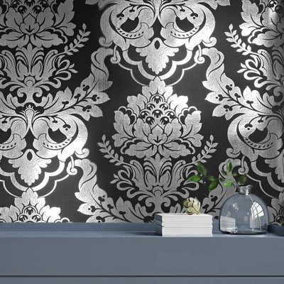 Victorian Silver Foil Metallic Deep Black Traditional Damask Modern Wallpaper 3d