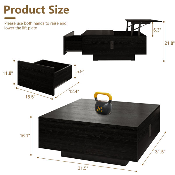 Latitude Run® Square Lift-Top Coffee Table with LED Lights & Charging ...