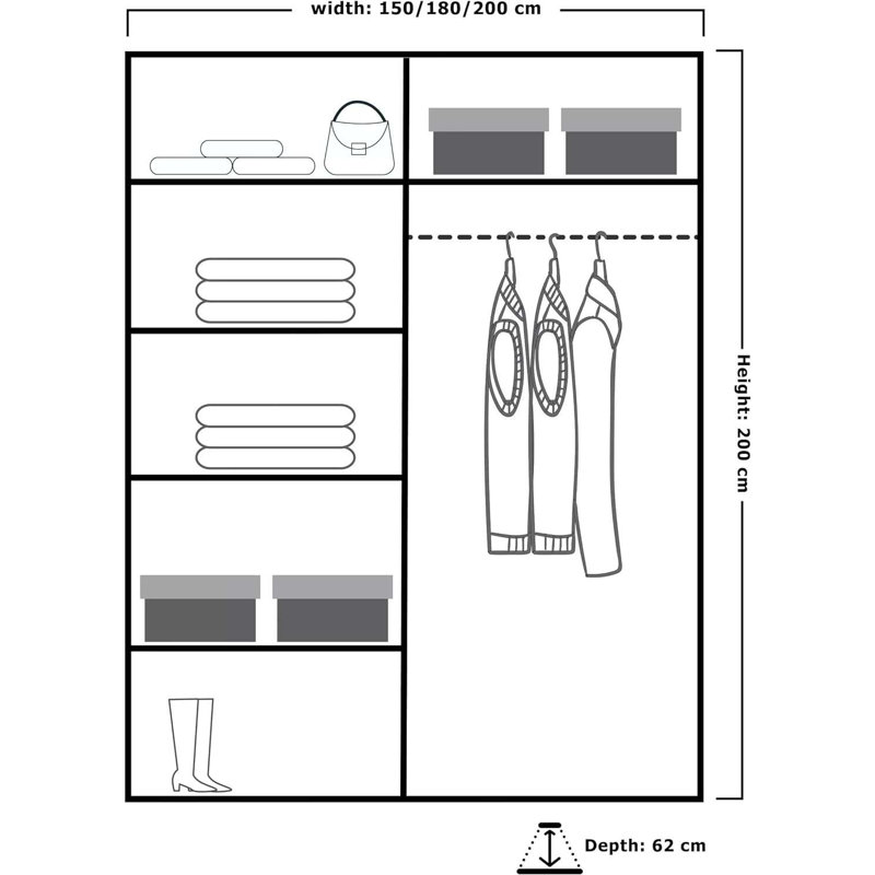 Cealain 2 Door Manufactured Wood Wardrobe, 200cm H x 180cm W x 62cm D, Grey