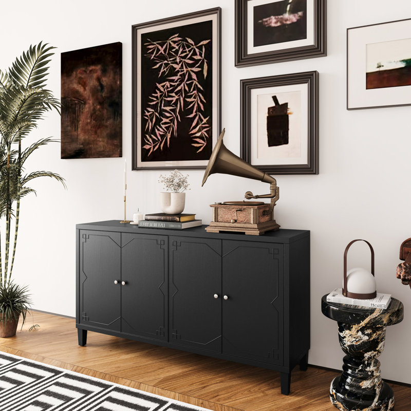 Armoire décorative à 4 portes noir mat, buffet en bois, pour la cuisine, tablettes réglables, cuisine et salle à manger à structure stable, design