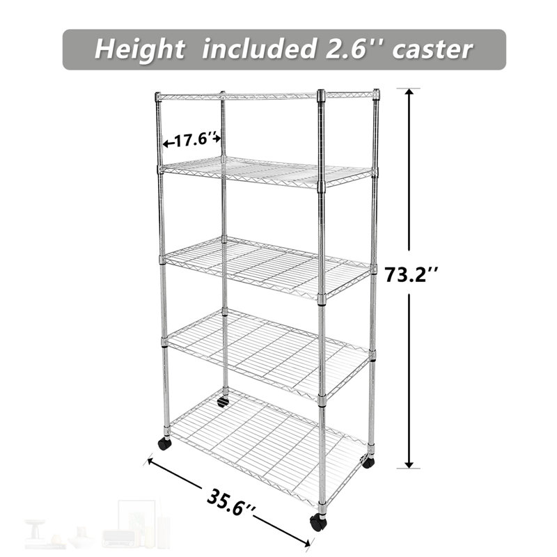Étagère simple de luxe robuste à 5 tablettes avec roulettes et pieds réglables pour un rangement et une organisation polyvalents