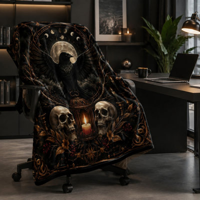 Gothic Raven Skull Throw Blanket, Mystical Full Moon Art Print Fleece Blanket for Bed, Sofa, Couch, Bedroom Decor, Cozy Home Accessory