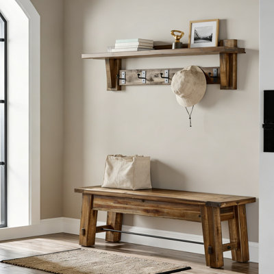 60-Inch Industrial Coat Rack Shelf And Bench Set, Rustic Farmhouse Entryway Furniture With Metal Hooks And Reclaimed Wood, Heavy-Duty 450 Lbs Bench Capacity, Easy Wall Mount Cleat System