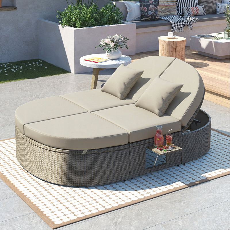 Lit de jour d'extérieur pour 2 personnes avec coussins et coussins, chaise longue inclinable de jardin en rotin avec dossiers réglables et plateaux à tasses pliables pour la pelouse, au bord de la piscine, gris
