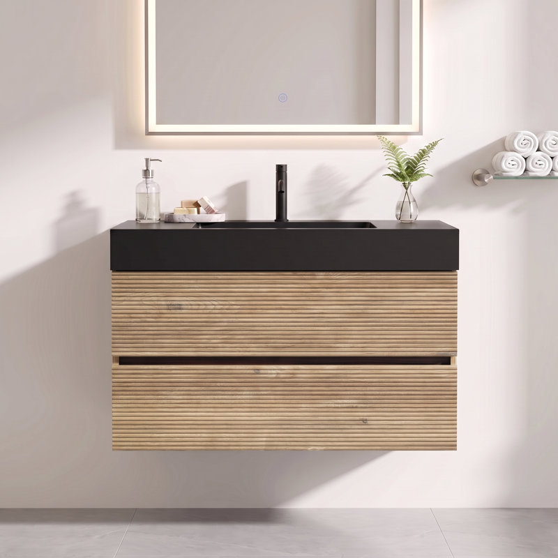 Meuble-lavabo flottant mural moderne 36 po en chêne avec lavabo à surface solide noir mat, tiroirs souples, Noir / chêne