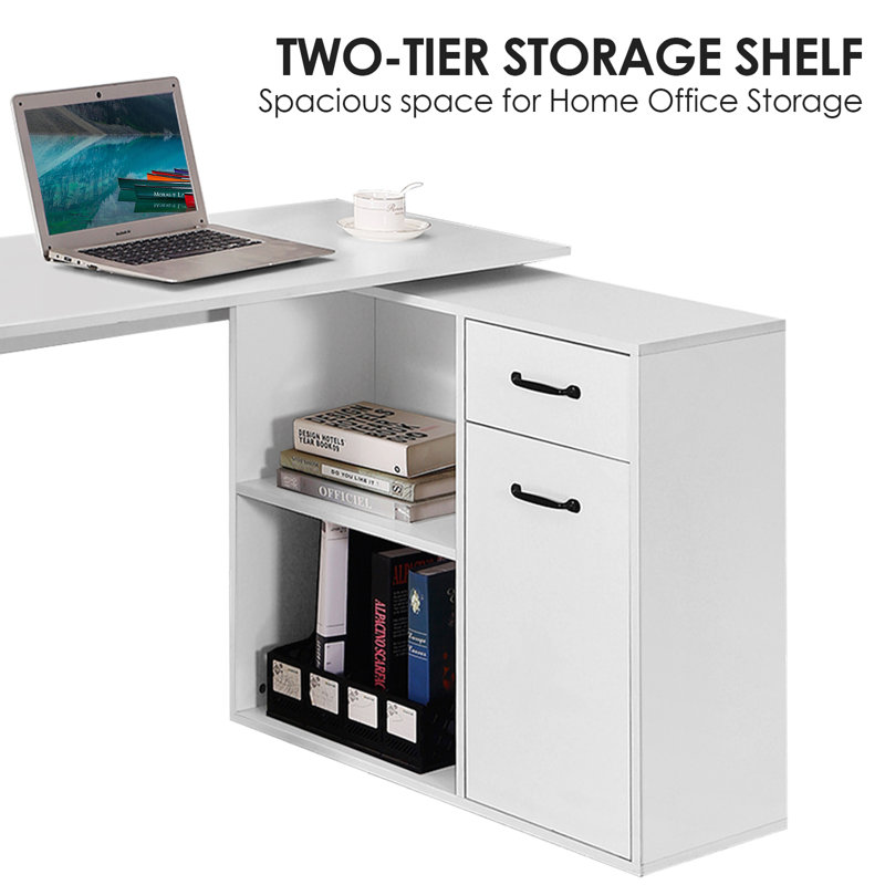 Selena L-Shaped Computer Desk With 4 Storage, White