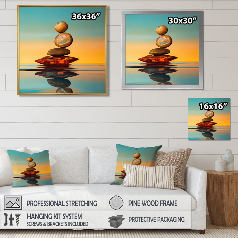 Zen pierres turquoise ciel coucher de soleil lueur - méditation salon d'art mural, Toile dorée avec cadre flottant