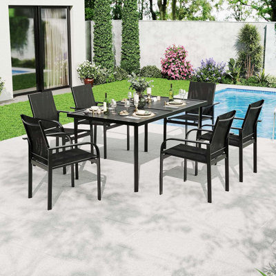 7 Piece Patio Dining Set for 6, Outdoor Furniture Set Includes 55" Rectangle Patio Table and 6 Textilene Dining Chairs with Iron Armrests for Lawn, Porch, Balcony, Poolside