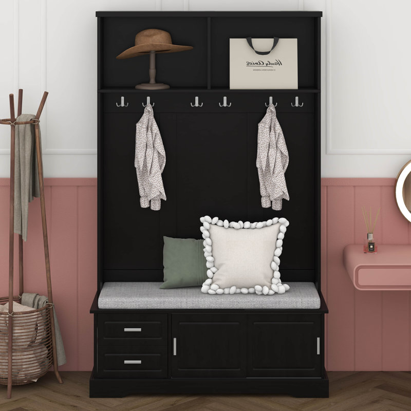 78.7" Hall Tree With Sliding Doors, Versatile Coat Rack With 6 Silvery Hooks & Handles, Bench Cabinet W/Shoe Storage, Black