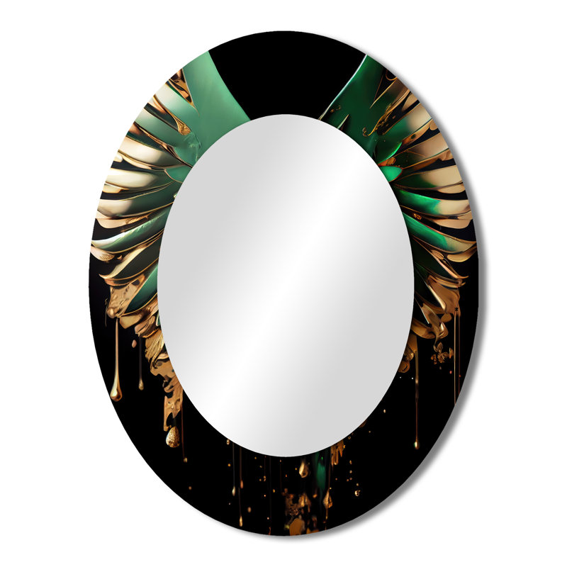 Vert et or Angel Wings II - Grand miroir mural ovale sur métal, 43 po x 33 po