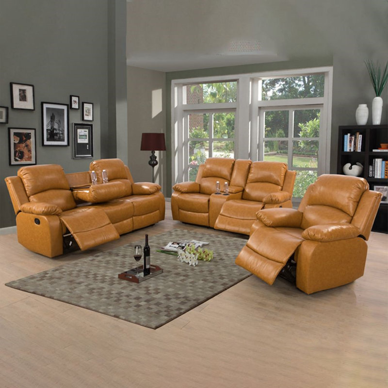 Ensemble de canapé de salon inclinable en cuir 3 pièces Vegan, Orange