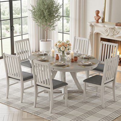  7 Piece Extendable Dining Table Set with 6 Upholstered Chairs, Solid Wood Oval/Round Kitchen Table and Chairs Set, Mid-Century Modern Farmhouse Dining Room Table Set