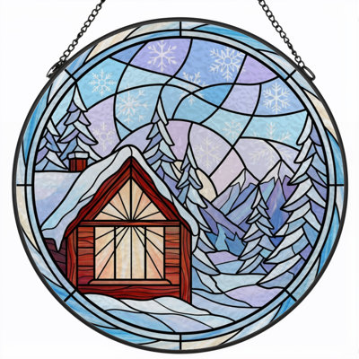 12"H Winter Cabin Stained Glass Window Panel