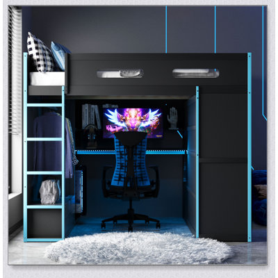 Wood Loft Bed With Desk,Wardrobe,Ample Storage Space,And RGB Light
