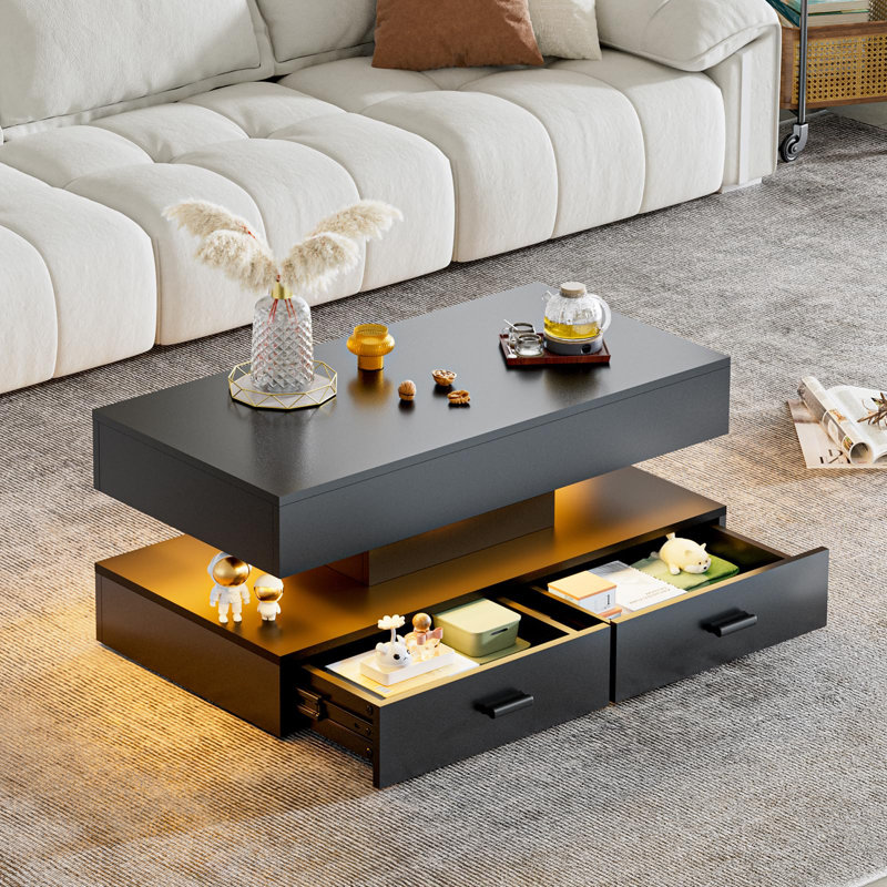 Grande table basse 47,2 po très brillante avec table basse à DEL à 2 niveaux pour le salon, table centrale rectangulaire avec rangement caché pour le bureau personnel, noir