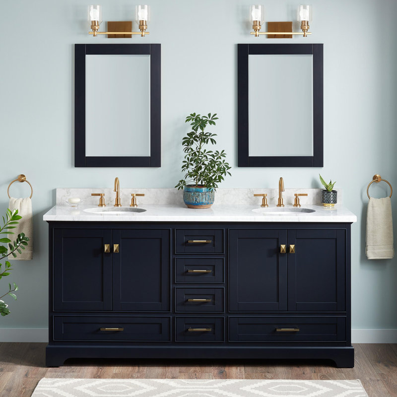 Quen 72" Freestanding Double Basin Vanity Set with Cabinet, Vanity Top, and Oval Undermount Sinks, Feathered White Quartz